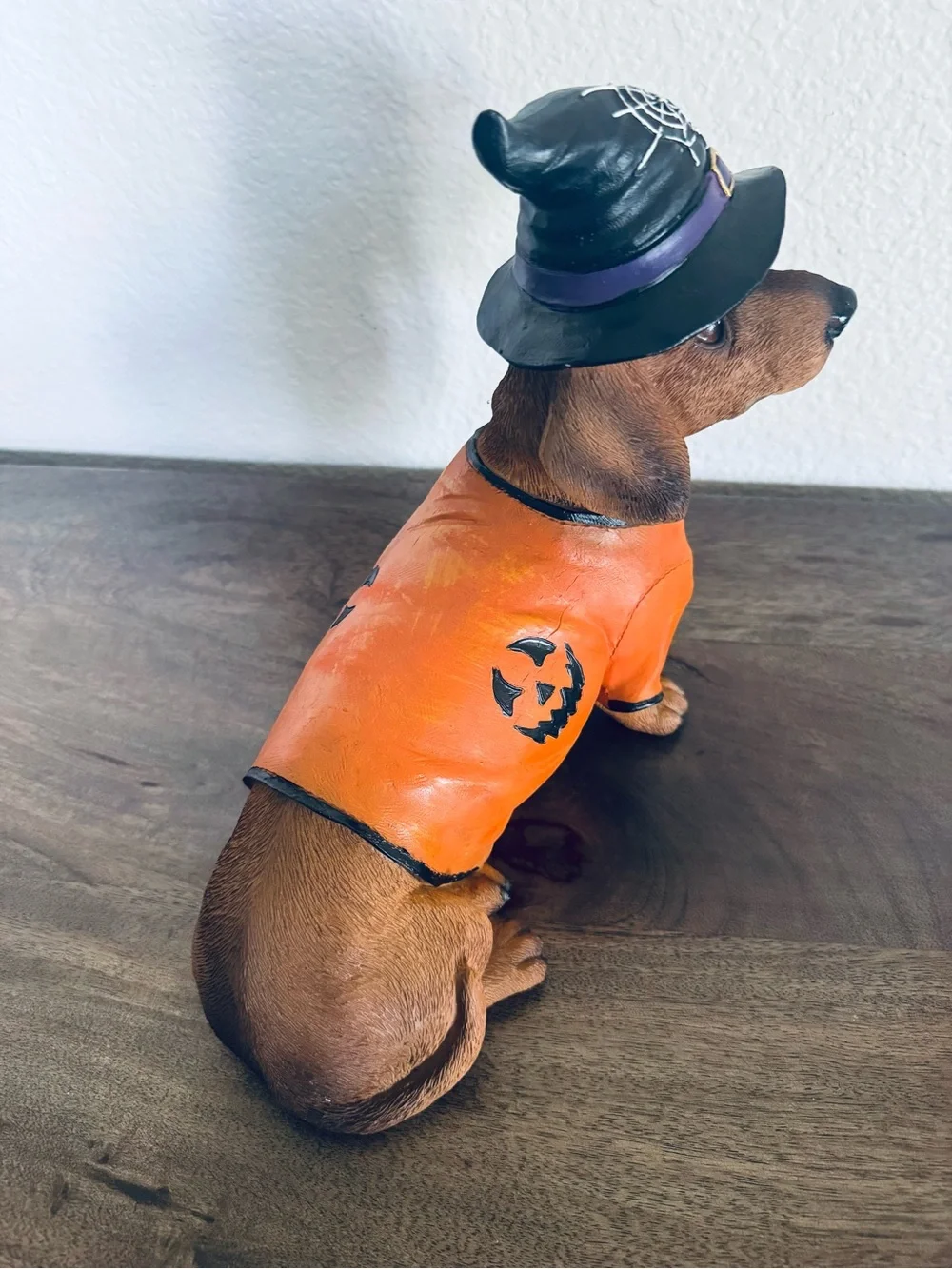 Halloween Dachshund Witch Pumpkin Dog Statue Decor